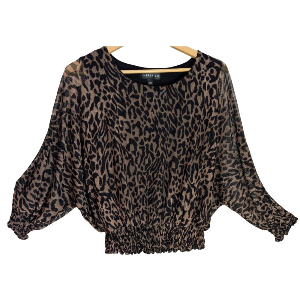 Harper Leopard Print Smocked Blouson Blouse Size L Sheer Sleeves Chic Stretch